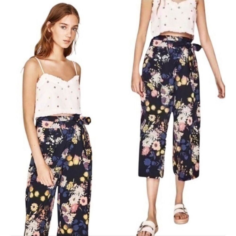 Zara Small Trafaluk Collection floral wide leg pants blue tie